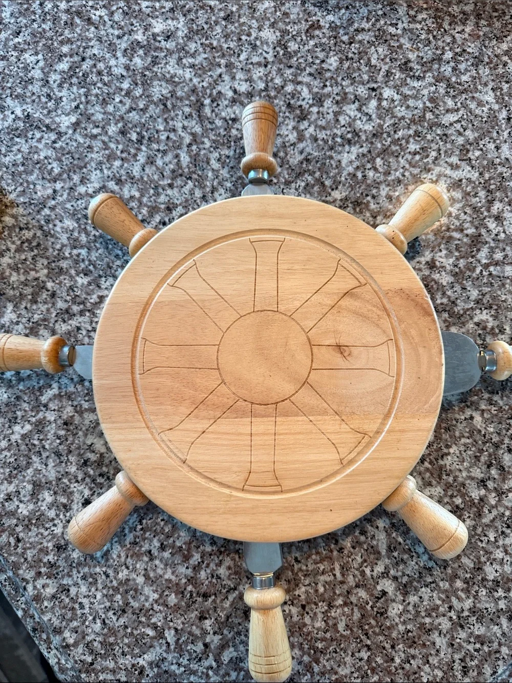Nautical Ship Wheel Wooden Serving Board with serving utensils- Natural Wood